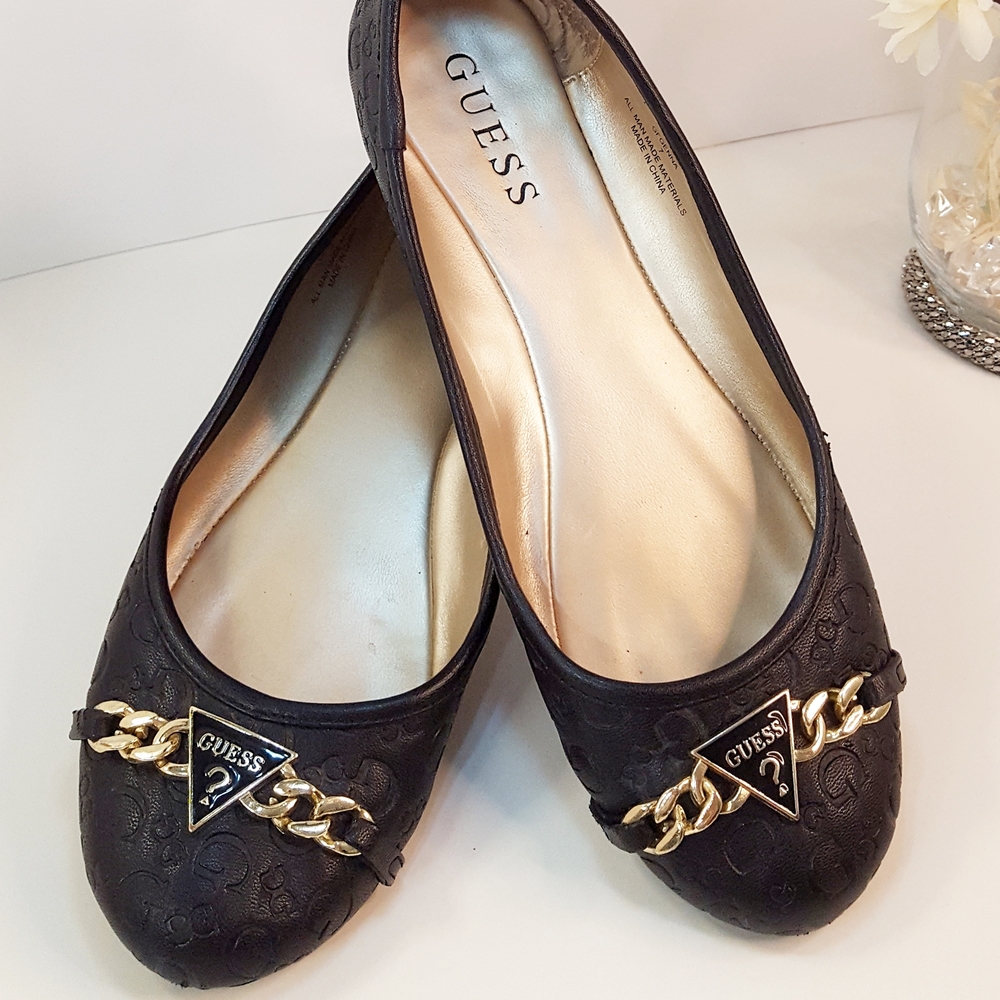 GUESS Black Flats with Gold Chain Accent
